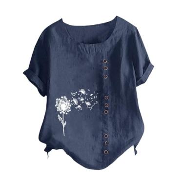 Imagem de Camisetas femininas casuais de verão de linho de algodão manga curta gola redonda camisetas estampadas florais grandes, Z08-azul-marinho, XXG