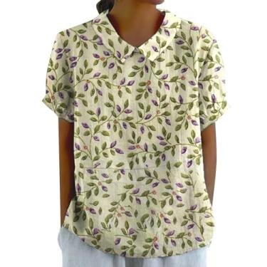 Imagem de Camiseta feminina de verão com gola de lapela e manga curta, estampa floral, caimento solto, blusas casuais para sair, Bege, XXG