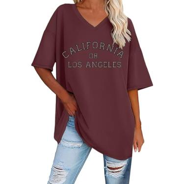 Imagem de Camisetas femininas grandes de manga curta com estampa Y2K para sair Califórnia Los Angeles estampa gola V tops casuais de verão, Vinho, M