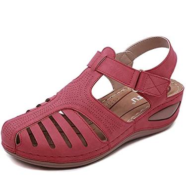 Imagem de Sandálias femininas de cunha retrô, verão plus size, bico redondo, confortável, sandálias ortopédicas premium de praia, fivela feminina, costura casual, sandálias de areia para caminhada(Red,40 EU)