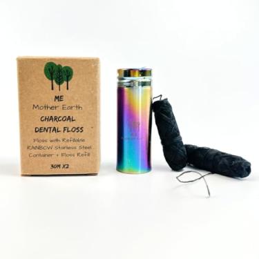 Imagem de Fio dental vegano biodegradável carvão de bambu com recipiente arco-íris de aço inoxidável recarregável | refil de fio dental extra | cera de candelabro natural | 33 m x 2 | hortelã | Eco Zero Waste Oral Care