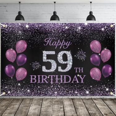 Imagem de JOYKY Banner de feliz aniversário de 59 anos, decorações de festa roxas para mulheres, suprimentos de decoração de pano de fundo de 59 anos, 15 x 9 metros