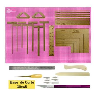 Imagem de Jogo de Réguas Gabaritos De Mdf Kit Cartonagem Scrapbook Base De Corte