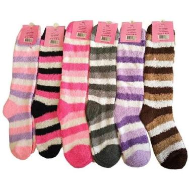 Imagem de 4 Par Meia Felpuda Listrada Cano Alto 53CM Feminina atoalhada meias co