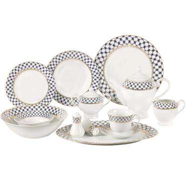 Imagem de Lorren Home Trends Conjunto de louça de porcelana de 57 peças com borda de treliça azul cobalto, serviço para 8 pessoas