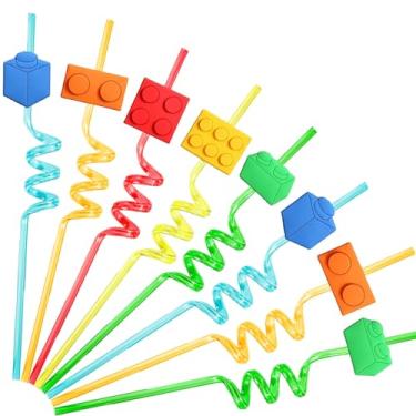 Imagem de 24 canudos de blocos de construção, suprimentos de decoração de festa, blocos de tijolos, canudos reutilizáveis para crianças, meninos, meninas, blocos de construção, suprimentos de festa de