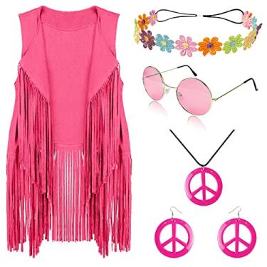 Imagem de FunMular Roupas femininas dos anos 60, 70, discoteca, hippie, roupa feminina, sinal de paz, brinco, faixa de cabeça, colete com franja, franja, franja, cardigã, rosa, XX-Large