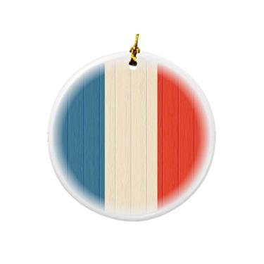 Imagem de Rikki Knight Bandeira da Nova Caledônia em design de madeira envelhecida ornamentos de Natal redondos de porcelana dupla face