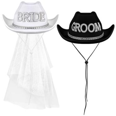 Imagem de Geyoga 2 peças de chapéu de cowboy branco para noivas com véu, chapéus de cowboy preto para noivos, artigos de despedida de solteira para mulheres, homens, casamentos, decorações de chá de panela,