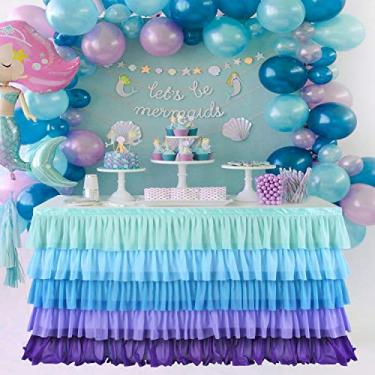 Imagem de Saia de mesa de tule sereia para mesa retangular ou redonda tutu chiffon toalha de mesa para aniversário, chá de bebê, casamento, decoração de festa (sereia, G 2,7 m, A 76,2 cm)