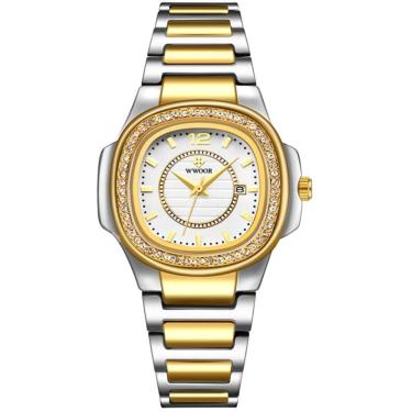 Imagem de Relógio Feminino Quadrado Com Strass Pulseira Em Aço Inoxidavel Impermeavel Branco Dourado