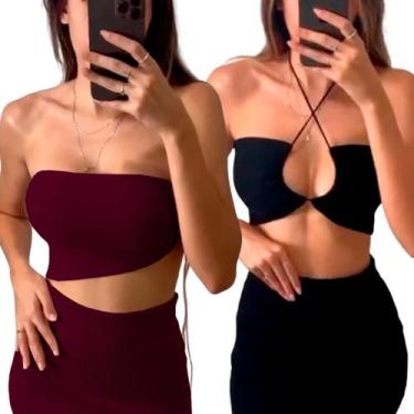 Imagem de Conjunto Feminino Saia Midi + Top Faixa Cropped Multiformas Amarrações