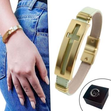 Imagem de Pulseira Couro Feminina Magnética Dourada Crucifixo Verde - GRANADO AC