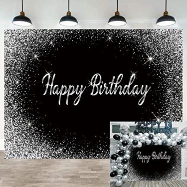 Imagem de Fundo de Feliz Aniversário Preto Glitter Ponto de Prata Fundo Fotografia Decoração de Festa de Aniversário Banner Mesa de Bolo Mesa de Sobremesa Suprimentos para Fotos (2,2 x 1,5 m)