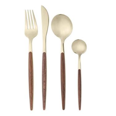 Imagem de Faqueiro 24 Pçs Inox e Estampa de Madeira Organic Dourado - Lyor