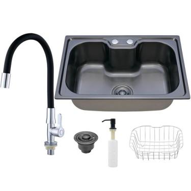 Imagem de Kit Cuba Cozinha Gourmet Aço Inox C/ Torneira Silicone Preta - Holtter
