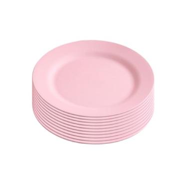 Imagem de Conjunto de 10 pratos de jantar de palha de trigo, pratos de sobremesa de plástico reutilizável de 25 cm, prato de servir plano redondo inquebrável para aperitivo de salada massa de pizza, pode ser lavado na lava-louças (rosa)