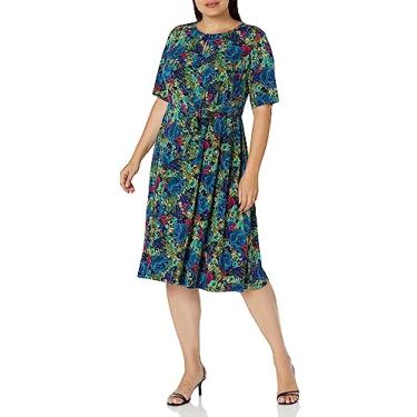 Imagem de London Times Vestido feminino com ajuste de cintura lateral e flare, Chá verde/azul-petróleo, 25 Plus Size