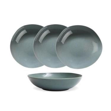 Imagem de Jogo 4 Pratos Fundos Cerâmica 20cm Azul Petroleum Borda Irregular Artesanal Orgânico Super Luxo Mesa Posta Sopas Refeições Rústico Vintage