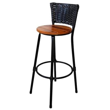 Imagem de Banqueta Premium Alta em Aço Assento Madeira Peroba Rosa - Encosto em Junco Preto