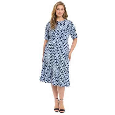 Imagem de London Times Vestido feminino midi cintura inserida carreira escritório ocasião convidada de, Hexagon Geo - Azul-marinho/Azul, 25 Plus Size