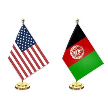 Imagem de Conjunto de 2 unidades de bandeira pequena para mesa afegã americana, mini banner de mesa afegã de 12 × 20 cm, decoração de poste de metal sólido de 30,48 cm, pequena faixa de poliéster impressa