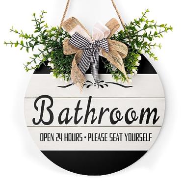 Imagem de Harooni Placa de Porta de Entrada de Banheiro, Grinaldas Engraçadas, Decoração de Placa de Madeira Pendurada, Redonda, Rústica, Casa de Fazenda, Arte de Parede, Decoração para Casa (12X12 Polegadas)
