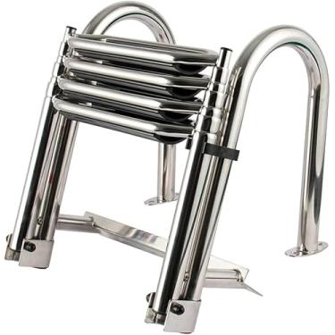 Imagem de Escada portátil para barco, escada de piscina, 4 degraus de aço inoxidável com apoio de braços, degraus alargados de 9,89 cm para doca, piscina/marinho, capacidade de carga de 200 kg