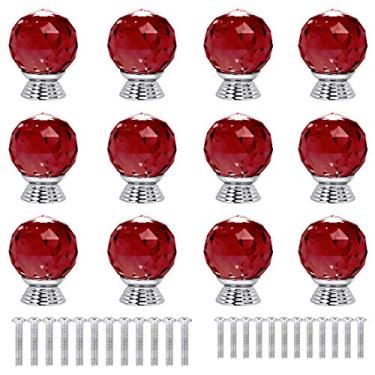 Imagem de ANJUU 12 maçanetas de armário de vidro de cristal de formato redondo de 30 mm com parafusos, puxador de gaveta usado para cozinha, cômoda, porta, armário (vermelho)