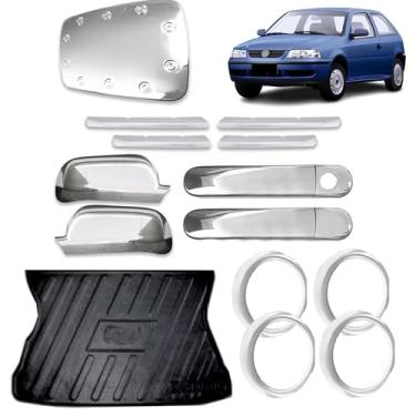 Imagem de Kit Maçaneta 2 Portas Retrovisor Capa Para Tampa de Combustivel Protetor Bandeja de Porta Malas Aplique para Grade Dianteira Adaptavel para Gol G3 G4 2000/2014 Aplique Cromado