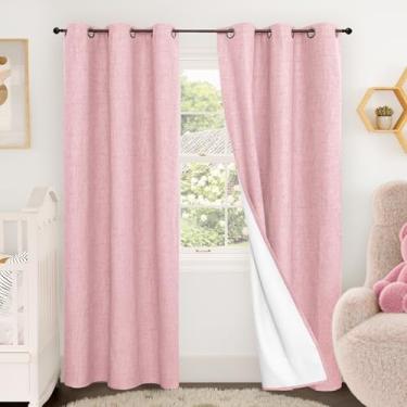 Imagem de Cortinas blackout de linho rosa bebê para berçário, 203 cm de comprimento, conjunto de 2 painéis, isolamento térmico, boho, total blackout, redução de ruído, cortinas de janela Bonzer para quarto de