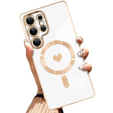 Imagem de AIGOMARA Capa magnética feita para celular ultra [compatível com carregamento sem fio] design de coração TPU macio galvanizado capa fina antiarranhões à prova de choque para mulheres - branca