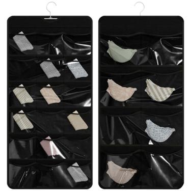 Imagem de Bosuelife Organizador de pendurar com 27 bolsos para meias, roupas íntimas, sutiãs e leggings, armazenamento de armário de dupla face para lingerie e roupas infantis, preto