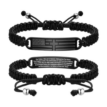 Imagem de TempBeau Pulseira de cruz masculina - corrente de aço inoxidável com versículo bíblico preto com bandeira americana, ideias de presente de aniversário, confirmação de primeira comunhão, batismo,