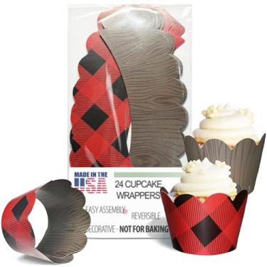 Imagem de Suprimentos de festa Lumberjack - 36 envoltórios de cupcake xadrez reversíveis de búfalo | Suportes de cupcake de grão de madeira, decorações de aniversário de um selvagem, artigos de festa na floresta, decorações de festa de acampamento