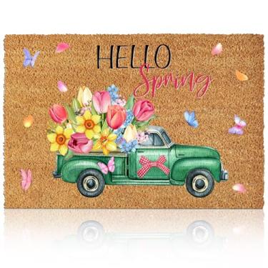 Imagem de Capacho de fibra de coco para porta da frente, caminhão, flores, tulipas, tapete de boas-vindas com suporte antiderrapante para jardim de primavera, garagem, pátio, casa, decoração de varanda, 71 x 40