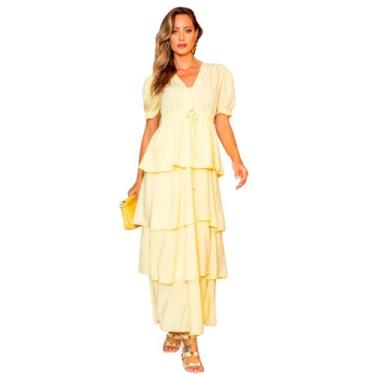 Imagem de Vestido feminino longo manga curta liso com babados na saia romantica 