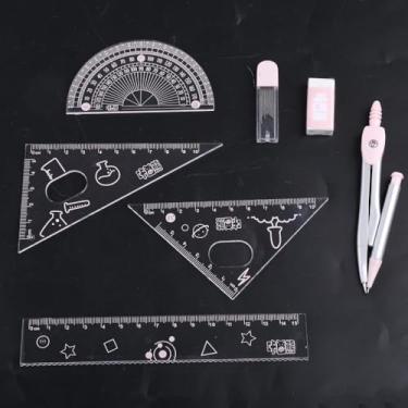 Imagem de Conjunto de 7 peças de bússola/matemática para estudantes com caixa de armazenamento inquebrável, conjunto geométrico para escola, inclui régua, transferidor, bússola, apontador de lápis e borracha
