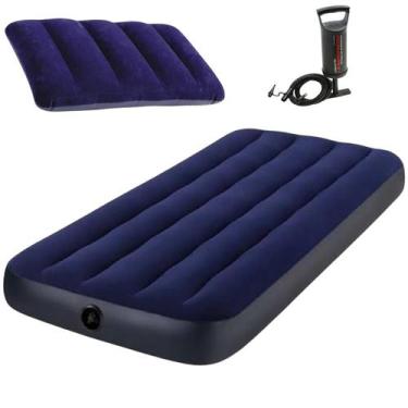 Imagem de Kit colchão inflável solteiro + travesseiro + bomba manual - INTEX, Az