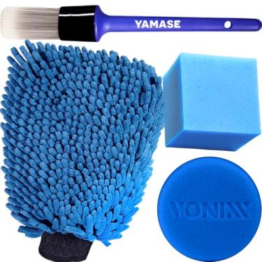 Imagem de Pincel Interno Yamase + Luva de Microfibra para Lavar Carro + Aplicador de Espuma Passar Cera Vonixx e Yamase