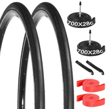Imagem de yeesport Pneus de bicicleta de estrada 700 x 28c, 2 pacotes dobráveis (28-622) 700c x 28 pneus de bicicleta e válvula Presta de tubo 700x28c 60 mm, tiras de aro de pneu e alavanca de pneu 700c