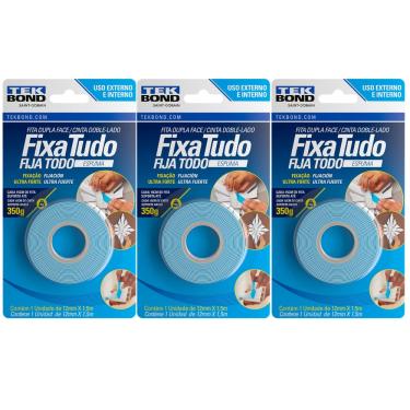 Imagem de Kit 3 Fita Dupla Face Espuma Fixa Tudo 12mm X 1,5 M Tekbond 