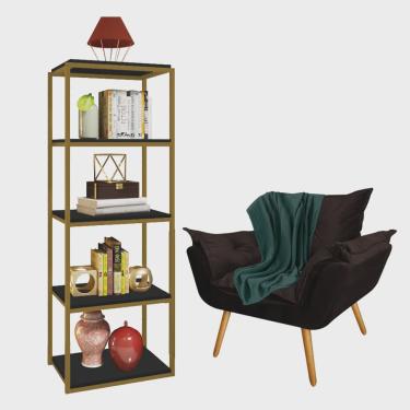 Imagem de Kit Poltrona Fatte com Manta Soft Verde e Estante Livreiro Ferro Dourado mdf Preto Suede Marrom - Ahz Móveis
