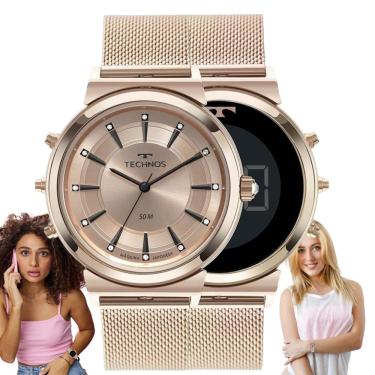 Imagem de Relógio de Pulso Feminino Technos Curvas Dupla Aço Inóx Face Analógico Digital Sofisticado Elegante Fashion Prova Dágua 50 Metros Casual Rose Gold 9T3