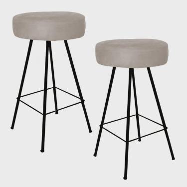 Imagem de Kit 02 Banqueta Alta Laisa Industrial Redonda Cozinha Bar Balcão Bistrô Ferro Preto Tecido Sintético Bege - Ahz Móveis