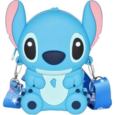 Imagem de Mini Bolsa Infantil Stich Desenho Escolar Lancheira Transversal Silicone, Porta Carteira e Alça Ajustável Cor Azul