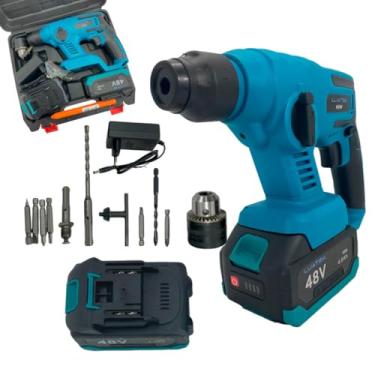 Imagem de Furadeira de Impacto 48V Bivolt Com 2 Baterias Maleta Carregador Mandril Chave de Aperto 6 Bits Broca Para Madeira Concreto e Metal Com Sistema de Embreagem