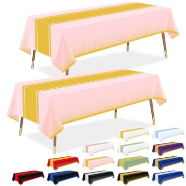 Imagem de LANLISA Toalha de mesa rosa e dourada para decoração de festa, pacote com 12, toalhas de mesa de plástico descartáveis para chá de bebê, aniversário, festa de casamento