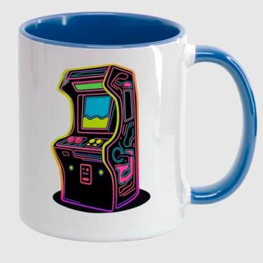 Imagem de Caneca Porcelana Branca Alça e Interior Azul Jeans 325ml - FLIPERAMA RETROWAVE NEON