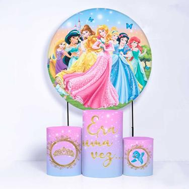 Imagem de Kit Painel de Festa Redondo de 1,80m e Trio de Cilindros Princesas - Fera Print